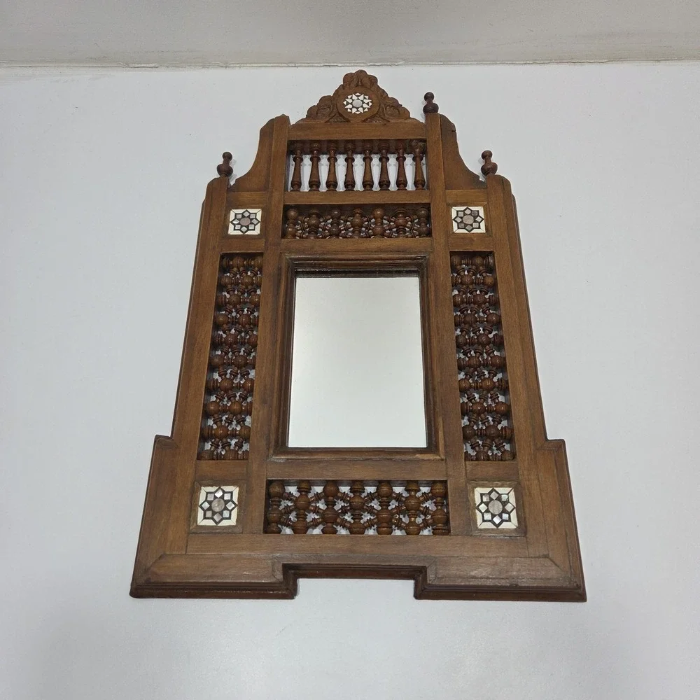 Handcrafted Wooden arabesque mirror frame decorated with mother of pearl Acents